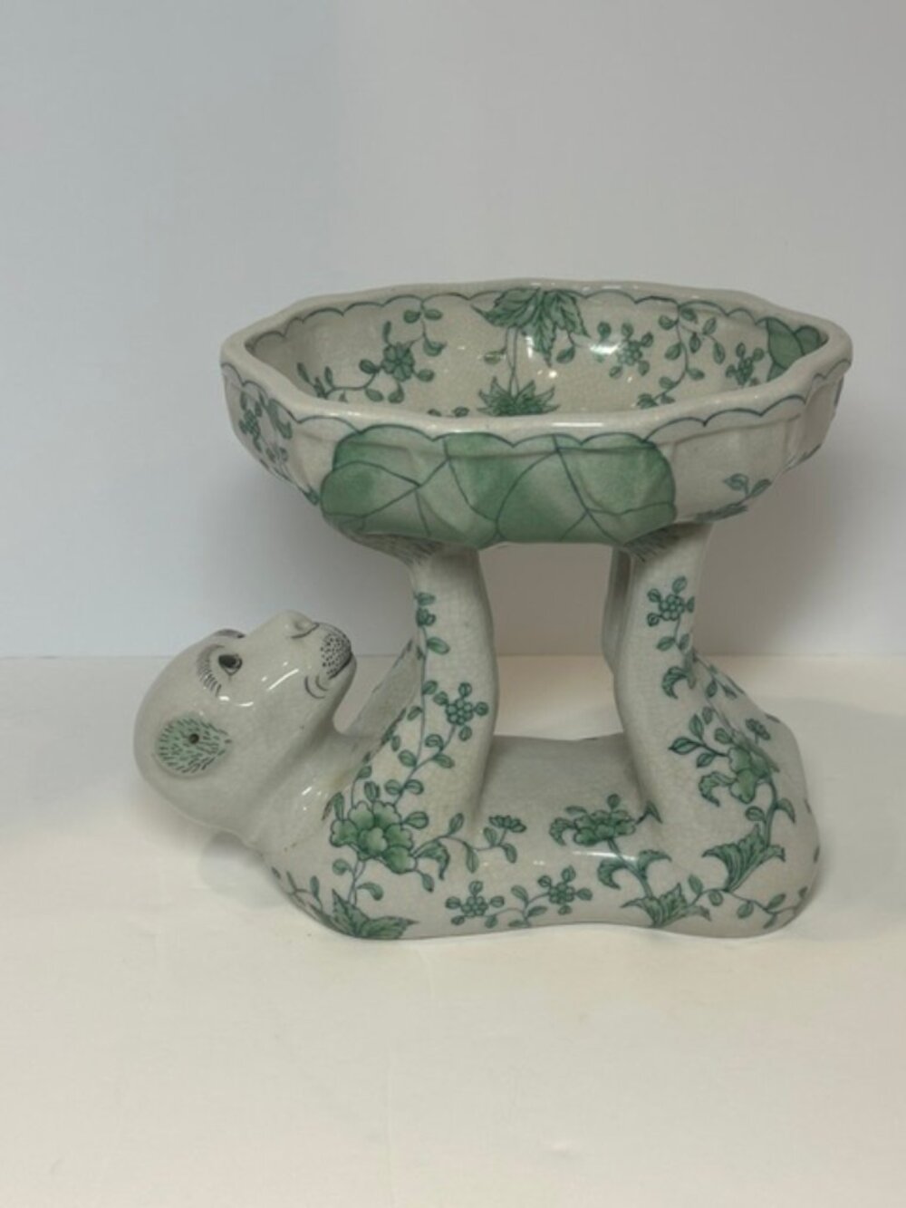 Rare VTG Chinoiserie Monkey Holding Bowl/Dish Green Floral Asian China